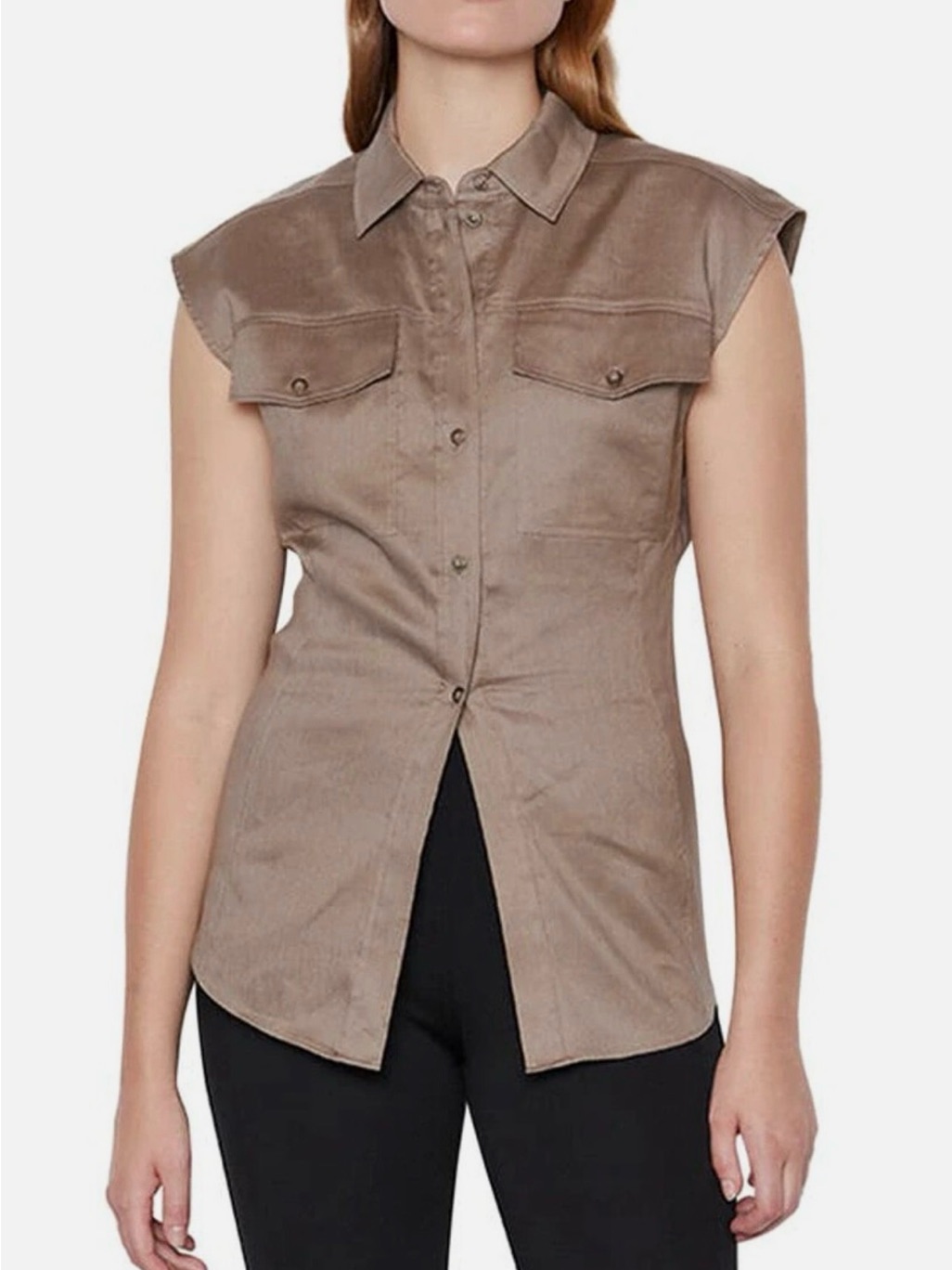 Frame Arie Sleeveless Linen Button-Down Top In Desert Size S